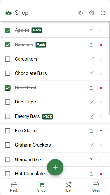 Camp Perfect Checklist shopping list interface showing integrated camping gear shopping and packing features
