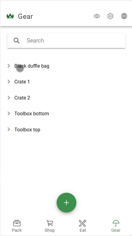Camp Perfect Checklist gear catalog displaying organized camping equipment inventory with containers and search