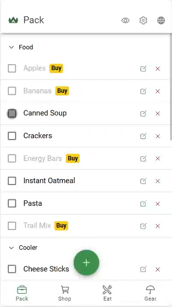 Camp Perfect Checklist pack tab showing organized camping gear packing list with categories and checkboxes